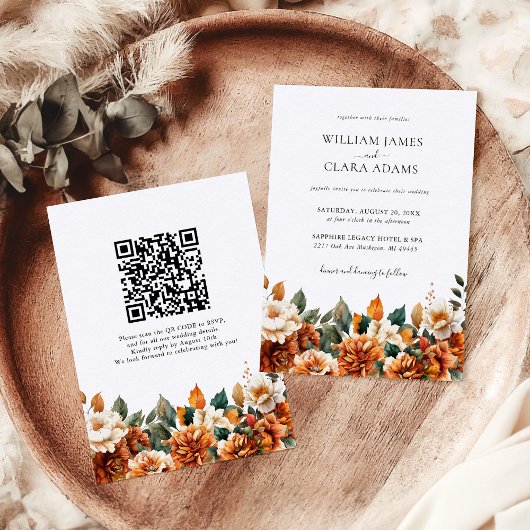 Invitation Mariage Code QR Floral Bohème Aquarelle Terracotta