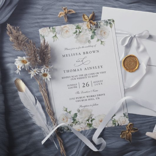 Invitation Mariage Code QR Floral Bohème Chic Roses Blanches