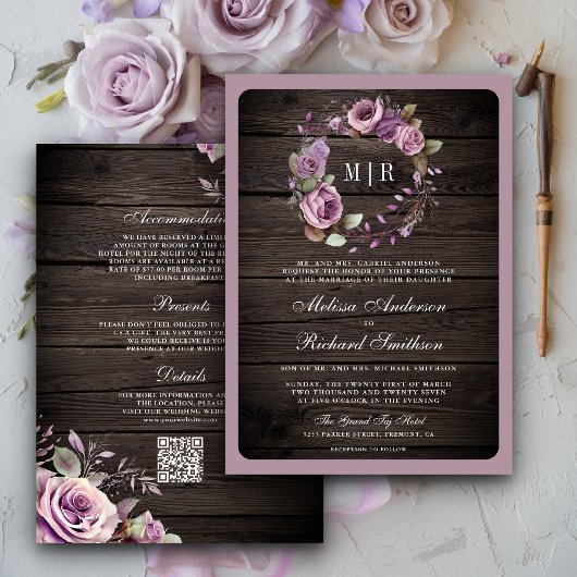 Invitation Mariage Code QR Floral Bois Rustique Violet Poussi