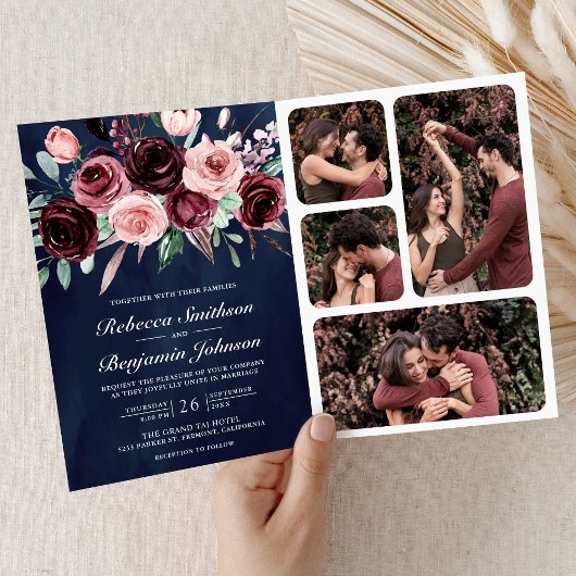 Invitation Mariage code QR floral bordeaux rose poussiéreux