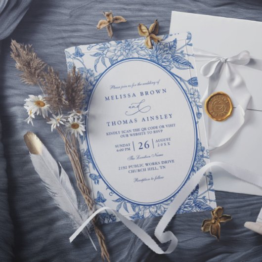 Invitation Mariage Code QR Floral Botanique Aquarelle Bleue