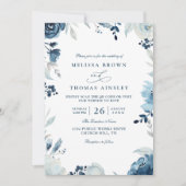 Invitation Mariage code QR floral botanique nuances de bleu  (Devant)