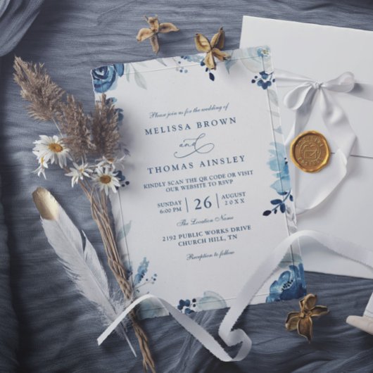 Invitation Mariage code QR floral botanique nuances de bleu 
