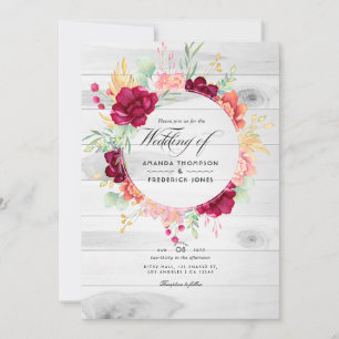 Invitation Mariage Code QR Floral Bourgogne et Rose Rustique