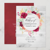 Invitation Mariage Code QR Floral Bourgogne et Rose Rustique (Devant / Derrière)