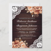 Invitation Mariage Code QR Floral Broderie Tomette Bois Rusti (Devant)
