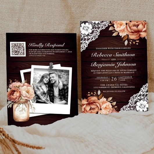 Invitation Mariage Code QR Floral Broderie Tomette Bois Rusti