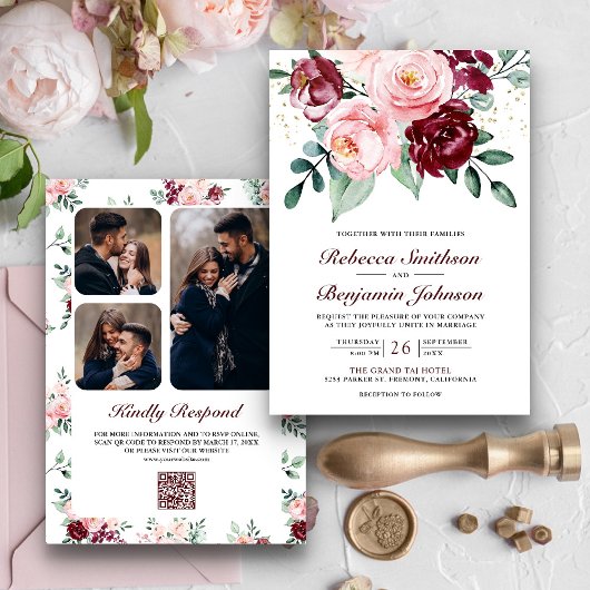 Invitation Mariage Code QR Floral Burgundy Rose Pâle Rustique