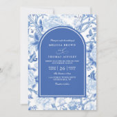 Invitation Mariage Code QR Floral Chinois Blanc Bleu Delft (Devant)