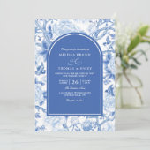 Invitation Mariage Code QR Floral Chinois Blanc Bleu Delft (Debout devant)