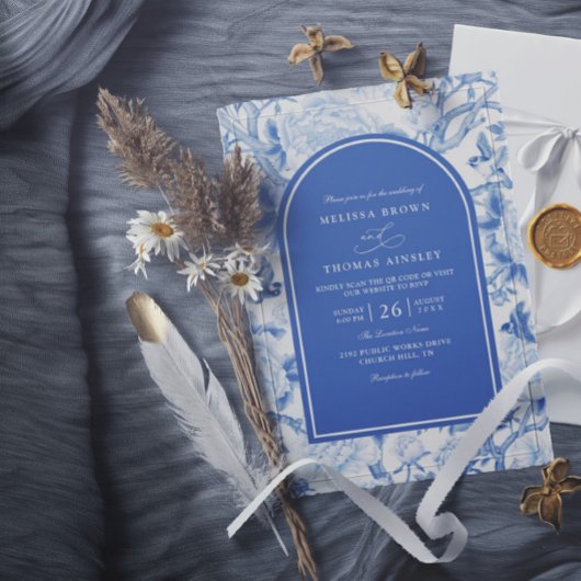 Invitation Mariage Code QR Floral Chinois Blanc Bleu Delft