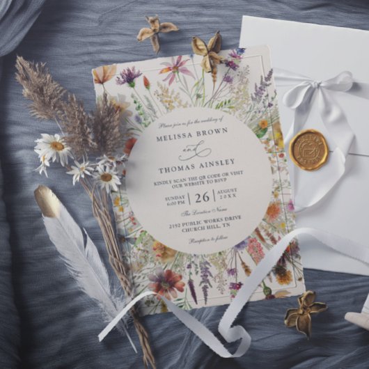 Invitation Mariage Code QR Floral de Fleur Sauvage Bohème Min