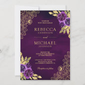 Invitation Mariage Code QR Floral Doré Violet Royal (Devant)