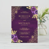 Invitation Mariage Code QR Floral Doré Violet Royal (Debout devant)