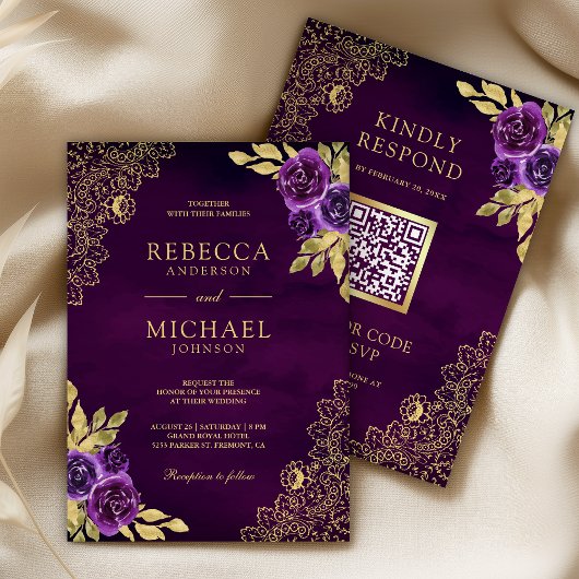 Invitation Mariage Code QR Floral Doré Violet Royal