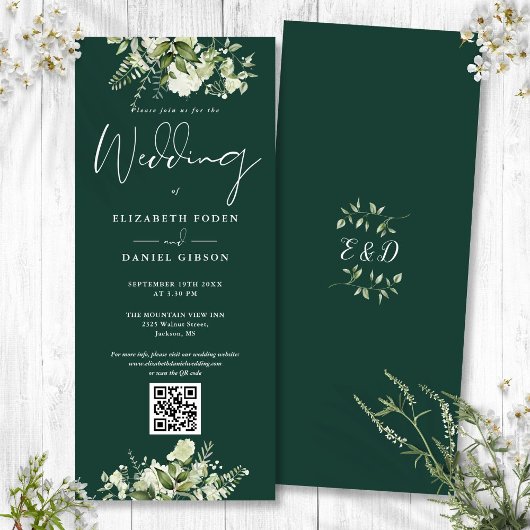 Invitation Mariage Code QR Floral Émeraude Verdure
