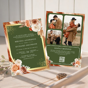 Invitation Mariage Code QR Floral en Terracotta Vert Olive