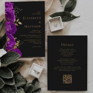 Invitation Mariage Code QR Floral Foncé Or Violet Romantique