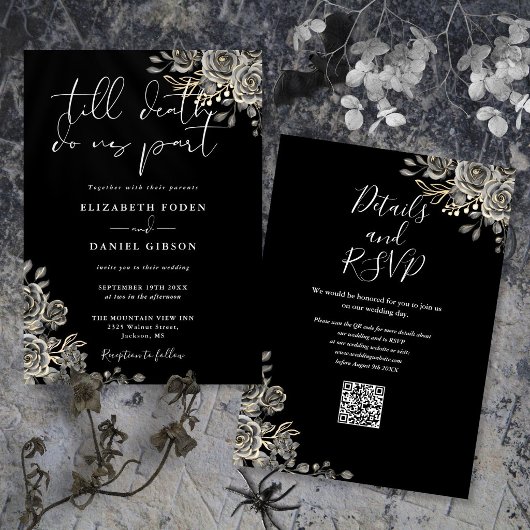 Invitation Mariage Code QR Floral Gothique Noir et Blanc