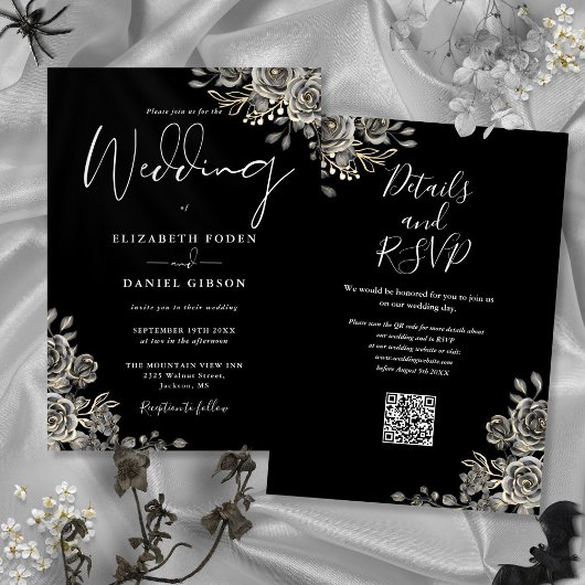 Invitation Mariage Code QR Floral Gothique Noir Et Blanc