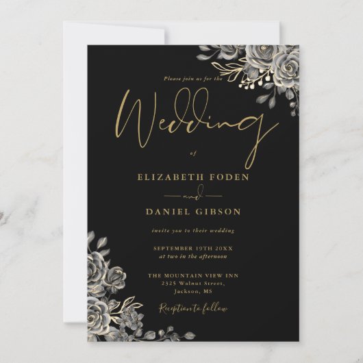 Invitation Mariage Code QR Floral Gothique Noir et Or (Devant)