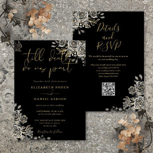 Invitation Mariage Code QR Floral Gothique Noir et Or