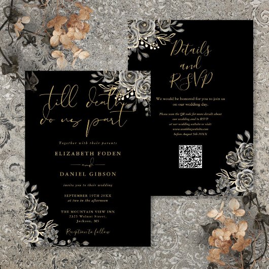 Invitation Mariage Code QR Floral Gothique Noir et Or