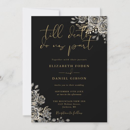 Invitation Mariage Code QR Floral Gothique Noir et Or (Devant)