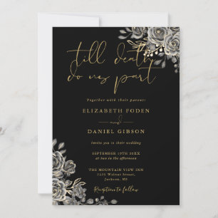 Invitation Mariage Code QR Floral Gothique Noir et Or