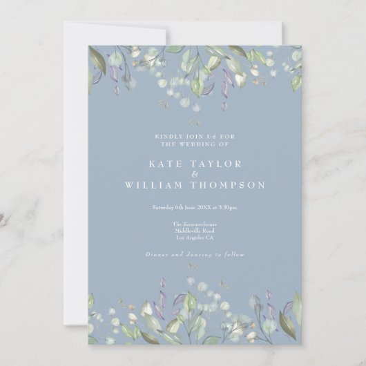 Invitation Mariage Code QR Floral Greenery Lilas Bleu Poussié (Devant)