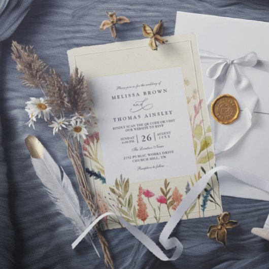 Invitation Mariage code qr floral herbe boho aquarelle séchée