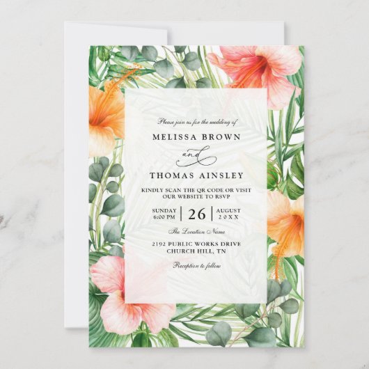 Invitation Mariage Code QR Floral Hibiscus Tropical Paradis (Devant)