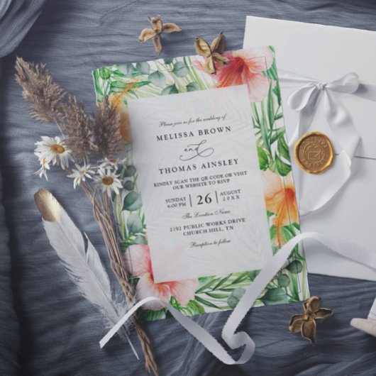 Invitation Mariage Code QR Floral Hibiscus Tropical Paradis