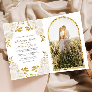 Invitation Mariage Code QR Floral Ivoire Rustique Paillettes