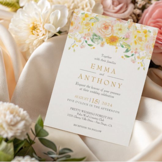 Invitation Mariage Code QR Floral Jaune Beurre Romantique