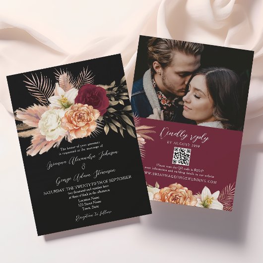 Invitation Mariage Code QR Floral Noir Bourgogne