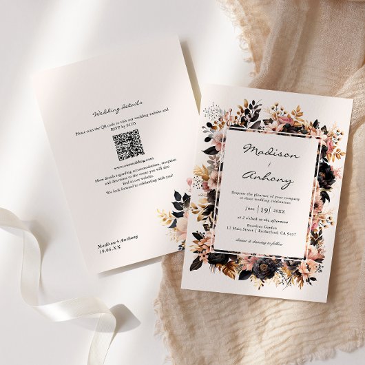 Invitation Mariage Code QR Floral Noir & Or 2 en 1