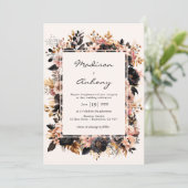 Invitation Mariage Code QR Floral Noir & Or 2 en 1 (Debout devant)