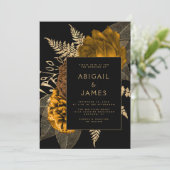 Invitation Mariage Code QR Floral Noir Or Doré Orange Brûlé (Debout devant)