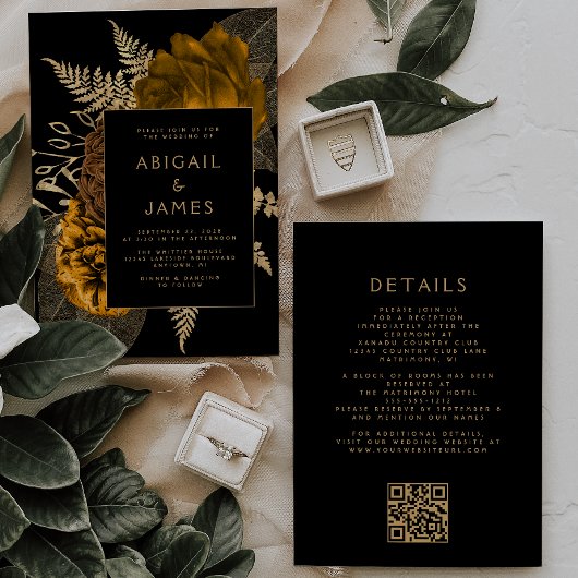 Invitation Mariage Code QR Floral Noir Or Doré Orange Brûlé