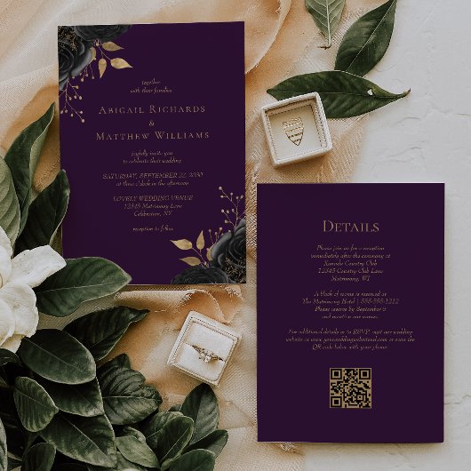 Invitation Mariage Code QR Floral Noir Or Romantique Violet