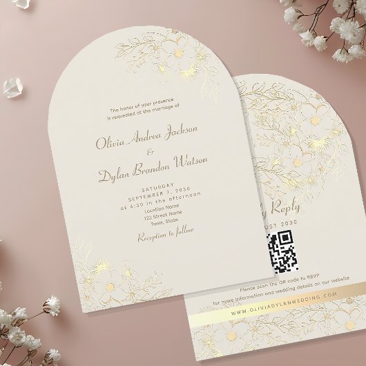 Invitation Mariage Code QR Floral Or