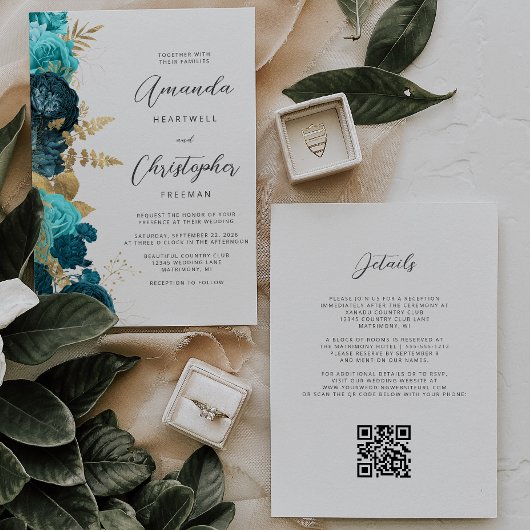 Invitation Mariage Code QR Floral Or Aqua Sarcelle