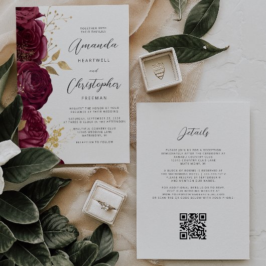 Invitation Mariage Code QR Floral Or Bourgogne