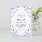 Invitation Mariage Code QR Floral Renaissance Marine Français (Debout devant)