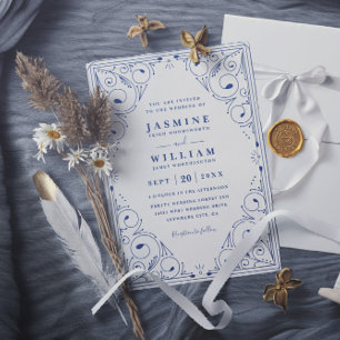 Invitation Mariage Code QR Floral Renaissance Marine Français