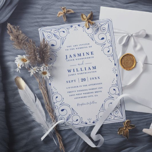 Invitation Mariage Code QR Floral Renaissance Marine Français