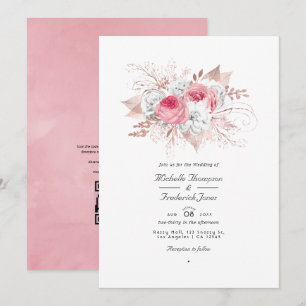 Invitation Mariage Code QR Floral Rose Pâle et Or Rose