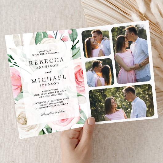 Invitation Mariage Code QR Floral Rose Pâle Ivoire Rustique