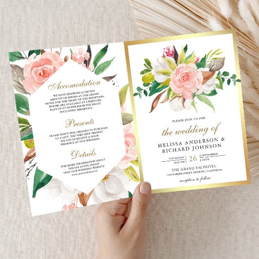 Invitation Mariage Code QR Floral Rose Pâle Rustique